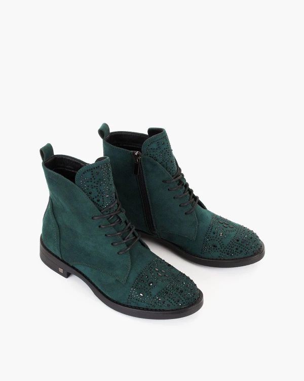 Ciemnozielone trzewiki damskie z eko-zamszu z kamieniami 5