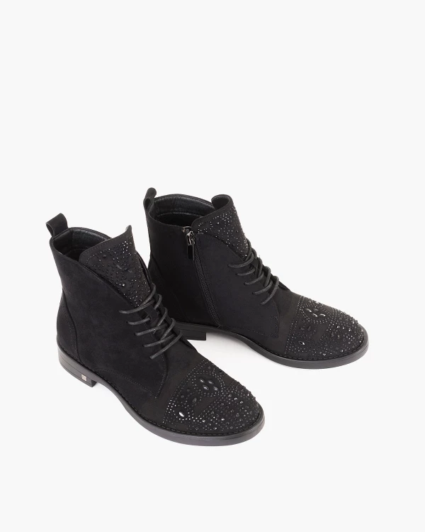 Czarne trzewiki damskie z eko-zamszu z kamieniami 5