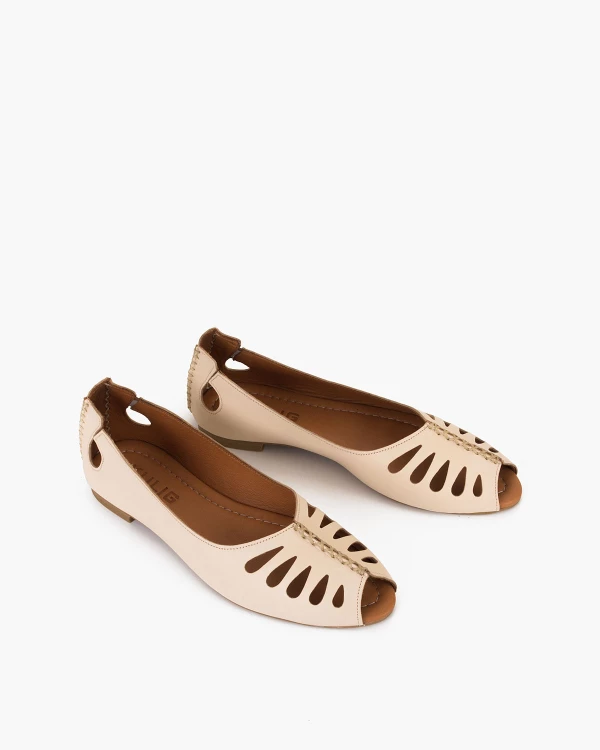 Jasnobeżowe baleriny damskie skórzane na niskim obcasie peep toe 5