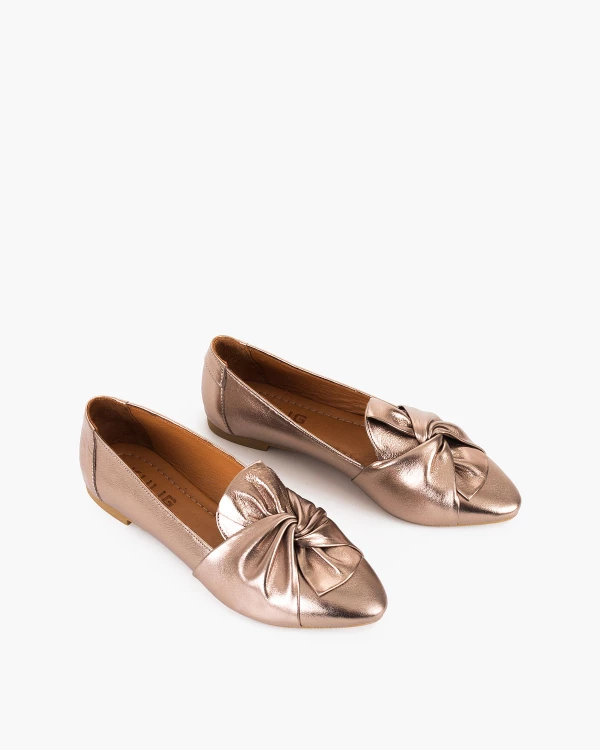 Złote baleriny z naturalnej skóry licowej z kokardą 5