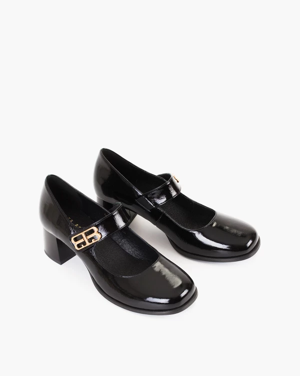 Czarne czółenka damskie skórzane ze sprzączką na słupku 5