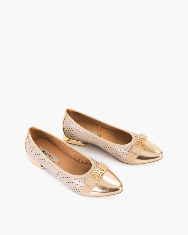 Beżowo-złote baleriny damskie ze skóry ekologicznej na klocku 5