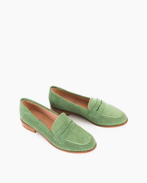 Zielone mokasyny damskie ażurowe z eko-zamszu 5