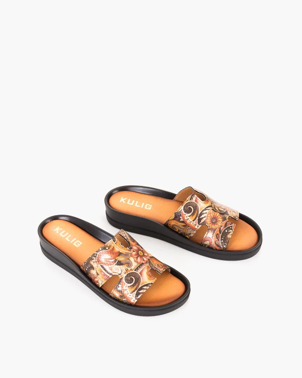 Wielokolorowe klapki damskie ze skóry naturalnej z motywem 5