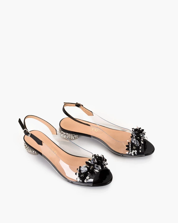 Czarne sandały żelowe z kamieniami na niskim obcasie 5