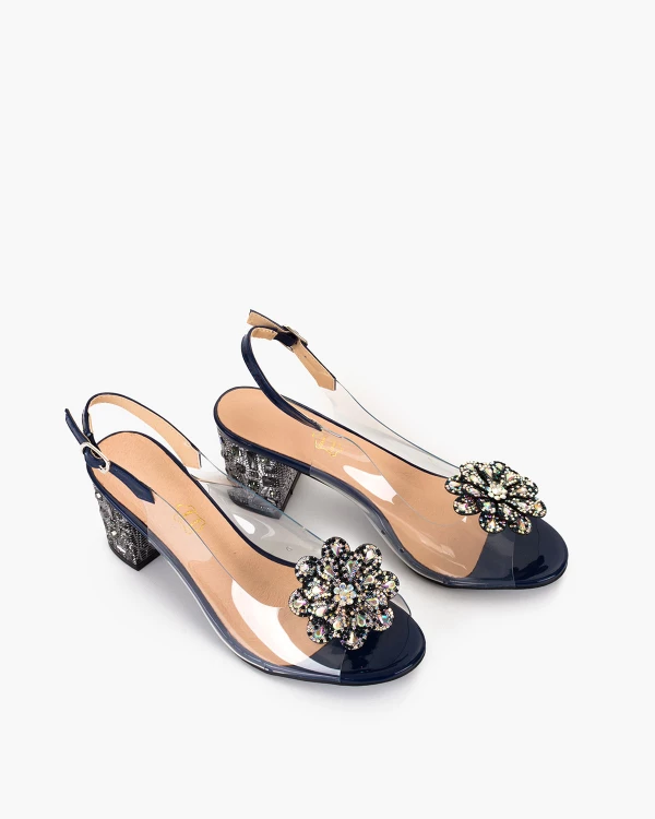 Granatowe sandały damskie żelowe z kamieniami na słupku 5