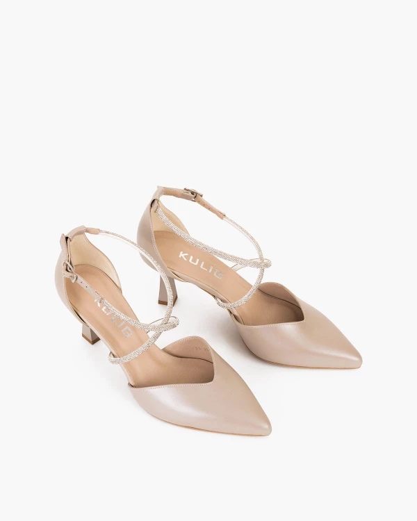 Perłowe czółenka skórzane na szpilce z cyrkoniami 6