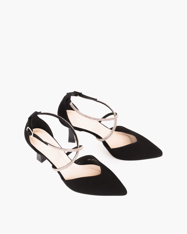 Czarne czółenka ze skóry zamszowej na szpilce z cyrkoniami 5