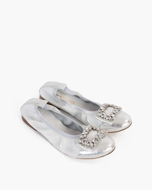 Srebrne baleriny skórzane z ozdobą