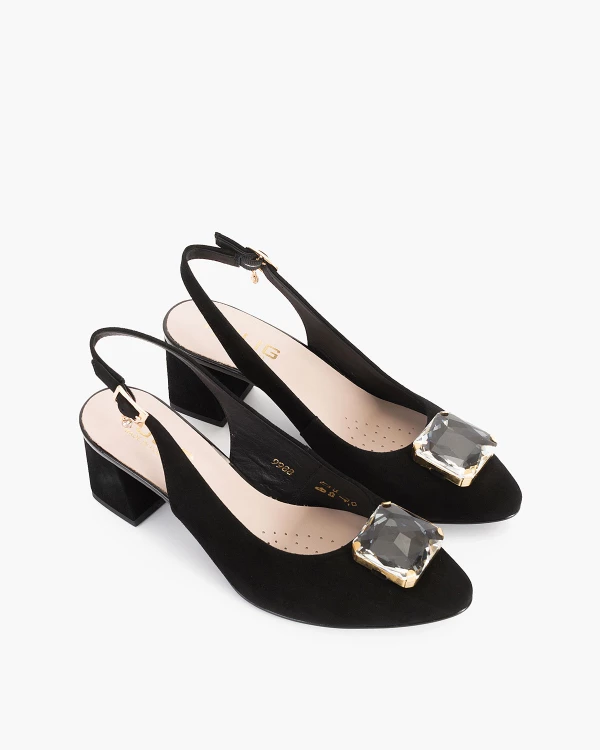 Czarne sandały damskie zamszowe z kamieniem