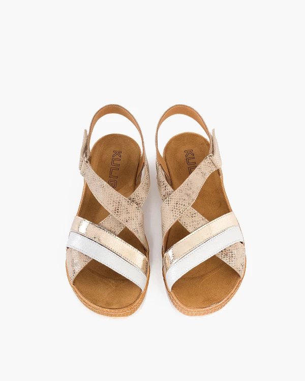 Beżowo-srebrne sandały damskie nubukowe