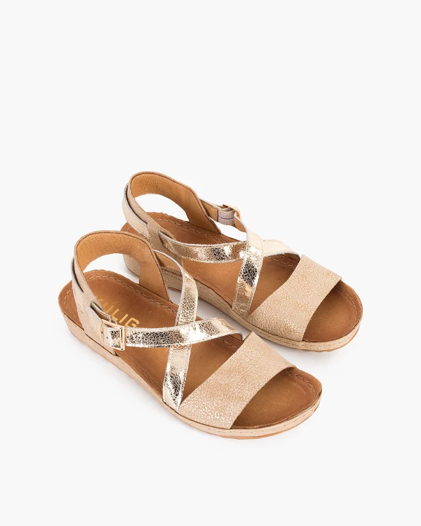 Beżowo-złote sandały damskie nubukowe