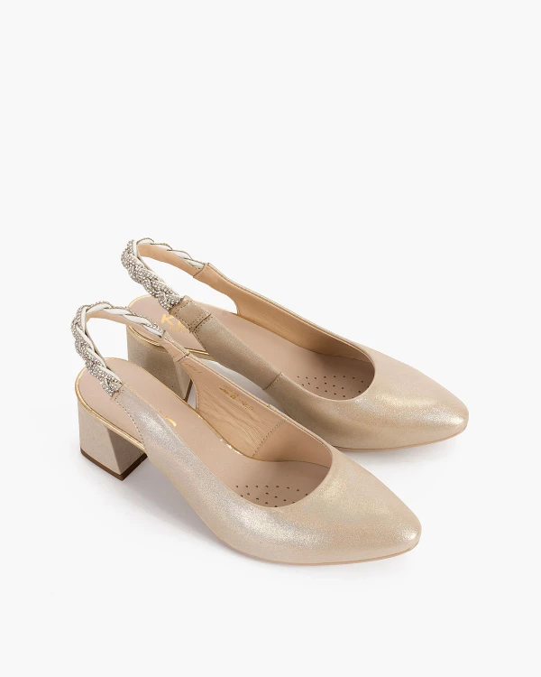 Złote sandały damskie nubukowe na słupku