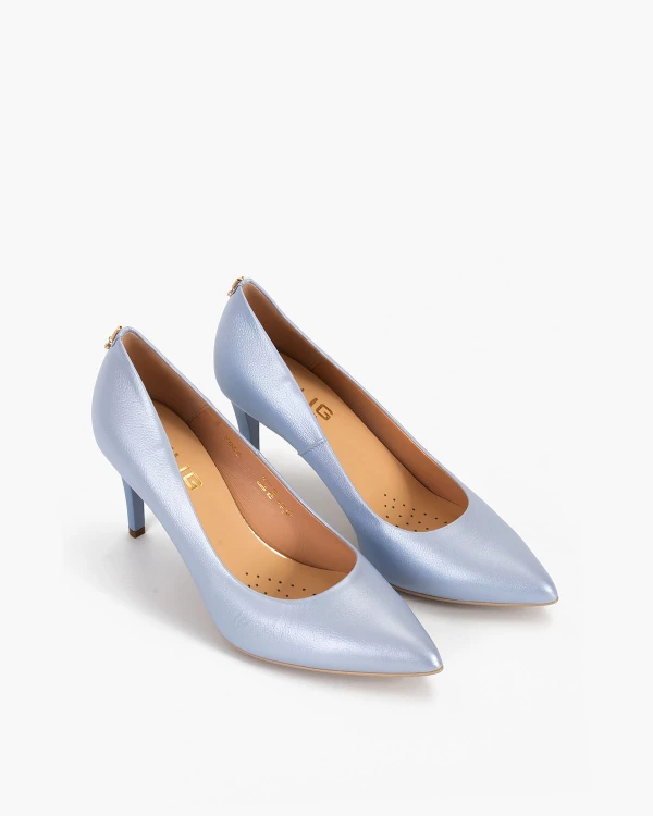 Błękitne czółenka skórzane na szpilce 5