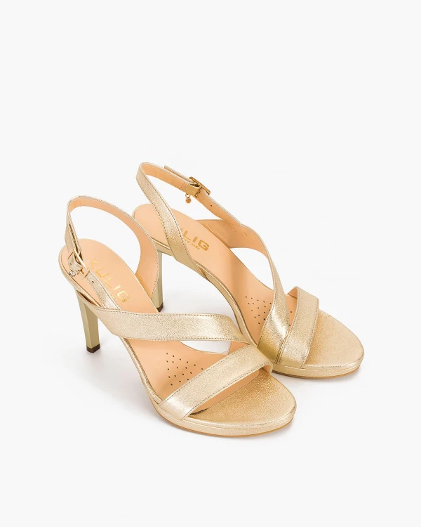 Złote sandały damskie skórzane na szpilce 5