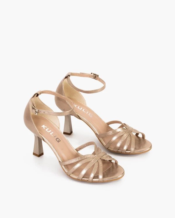 Złote sandały damskie skórzane na szpilce 5