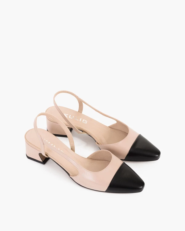 Beżowo-czarne sandały damskie skórzane na klocku 5