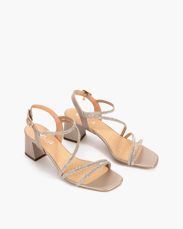 Złote sandały damskie skórzane z cyrkoniami na klocku 5