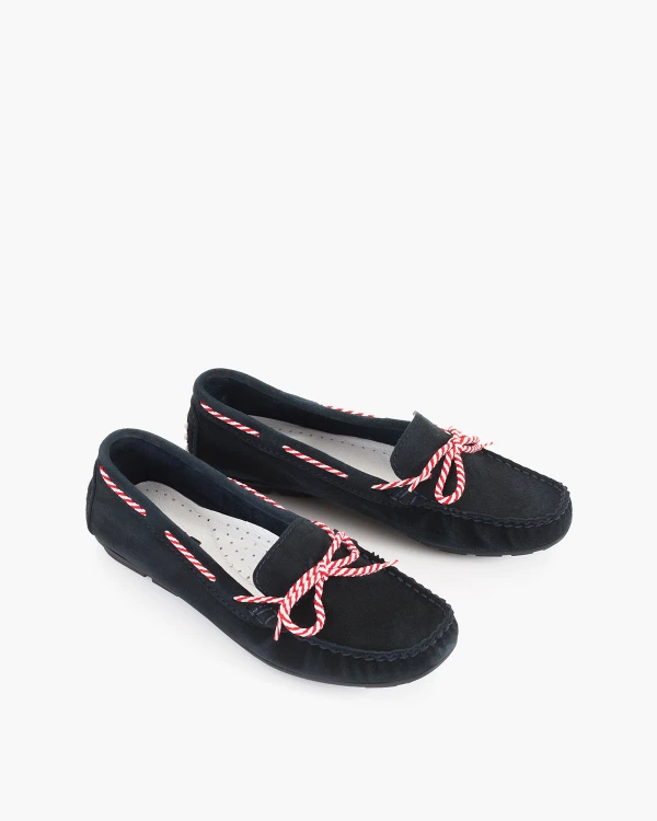 Granatowe mokasyny damskie welurowe z ozdobnym sznurkiem 5