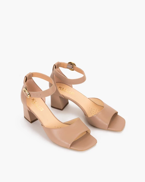 Beżowe sandały damskie skórzane na klocku 5