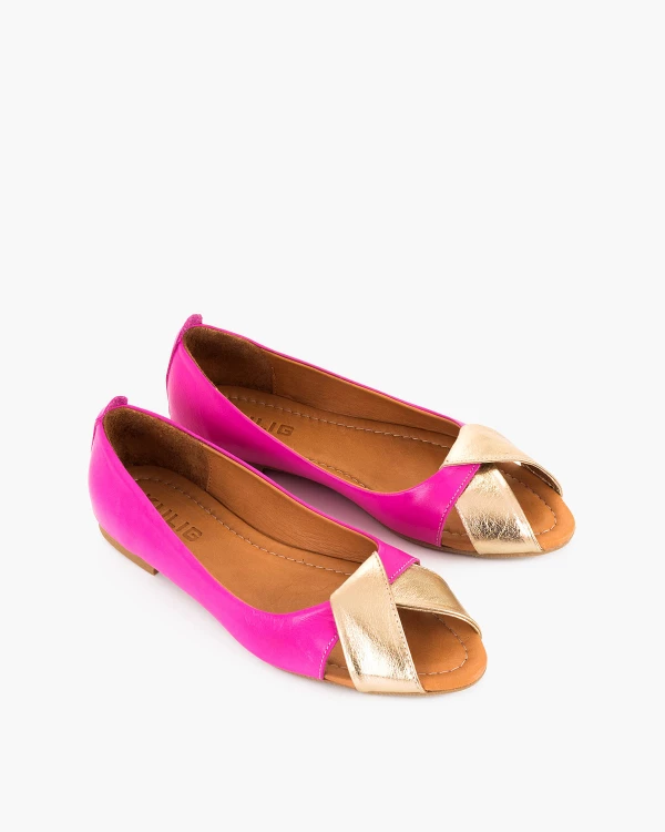 Fuksjowo-złote sandały damskie na niskim obcasie 5