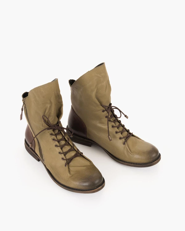 Oliwkowe trzewiki damskie skórzane na niskim obcasie 7