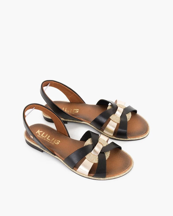 Czarno-złote sandały damskie skórzane 7