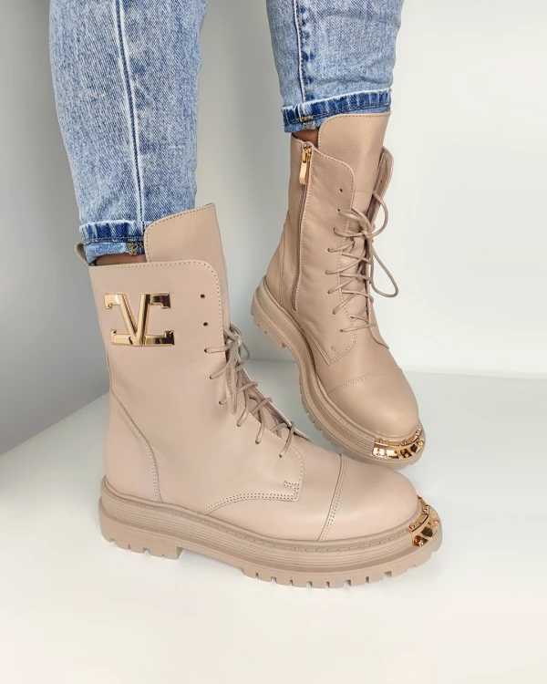 Beżowe trzewiki damskie skórzane