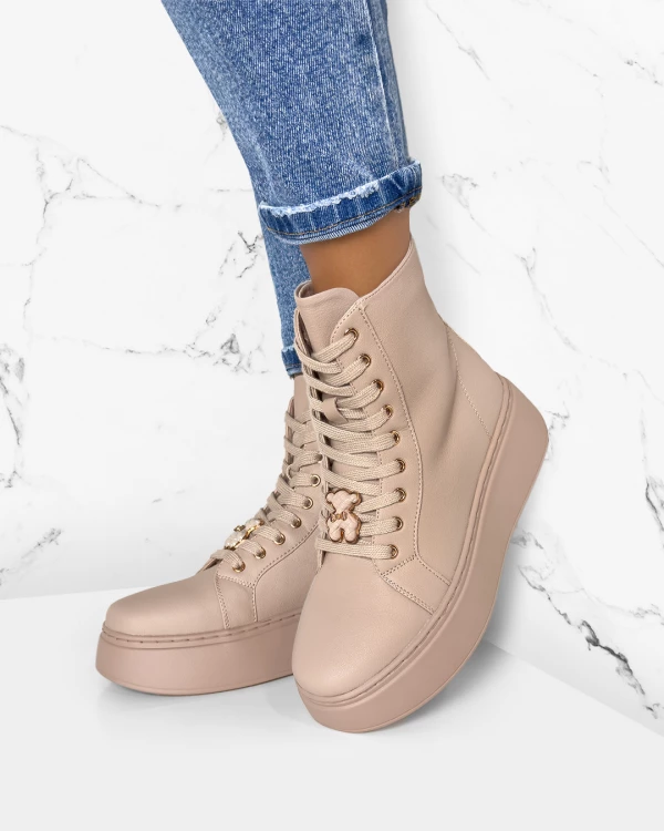 Beżowe trzewiki damskie skórzane na platformie