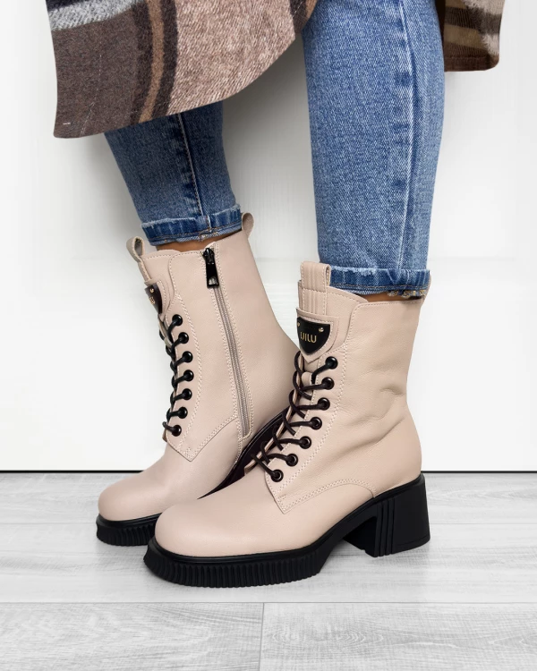 Beżowe trzewiki damskie z naturalnej skóry licowej