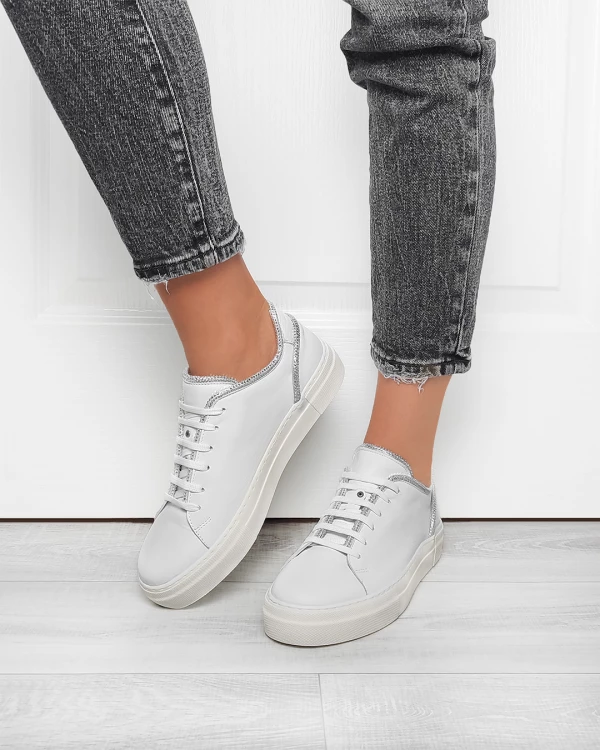 Białe trampki damskie skórzane z cyrkoniami