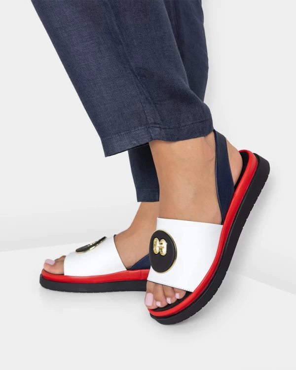 Biało-granatowe sandały damskie skórzane z ozdobą