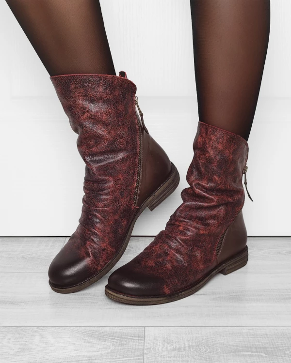 Bordowe botki damskie ze skóry naturalnej