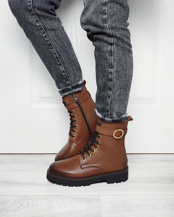 Brązowe trzewiki damskie skórzane ze sprzączką