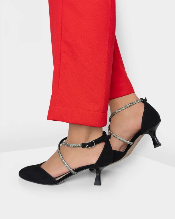 Czarne czółenka ze skóry zamszowej na szpilce z cyrkoniami