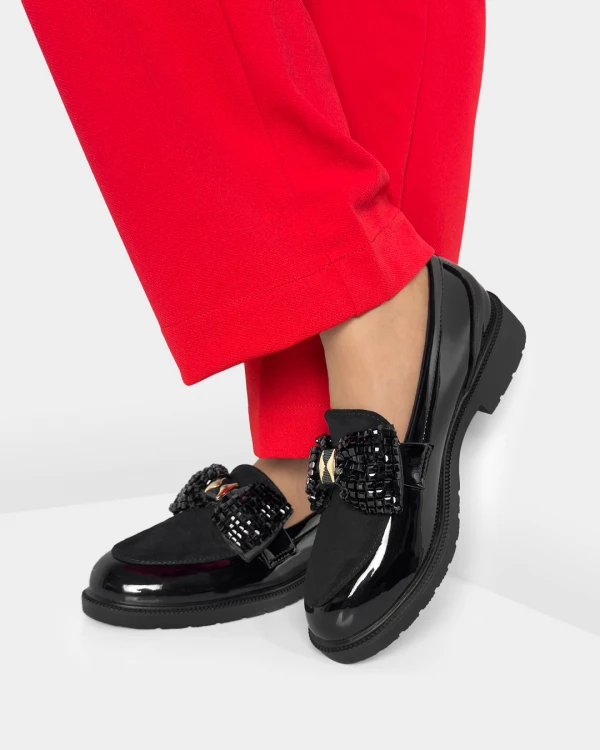 Czarne mokasyny damskie ze skóry ekologicznej z kokardą