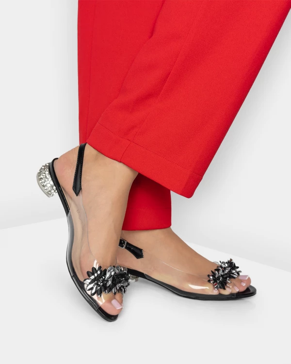 Czarne sandały żelowe z kamieniami na niskim obcasie