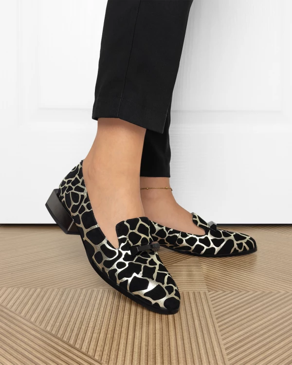 Czarno-złote mokasyny damskie zamszowe na klocku