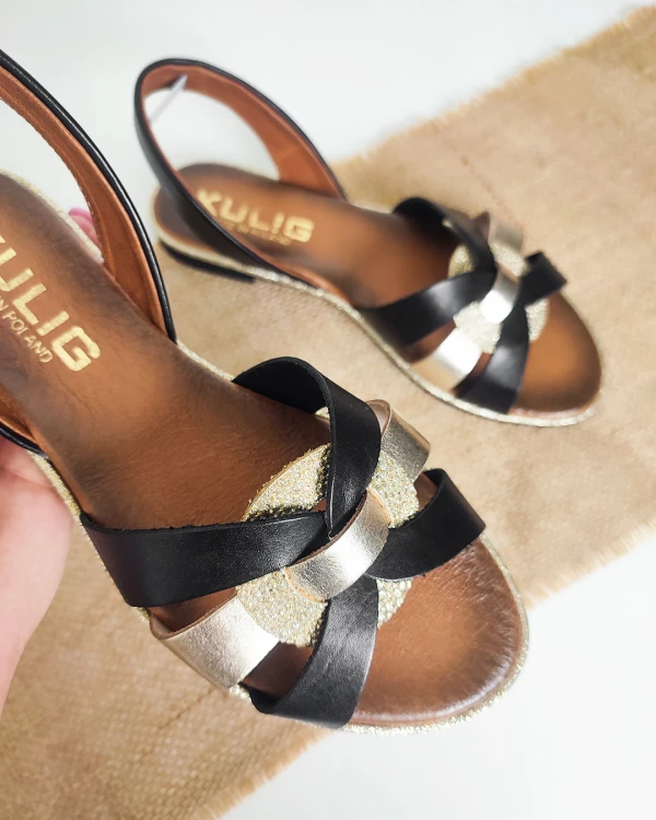 Czarno-złote sandały damskie skórzane 2