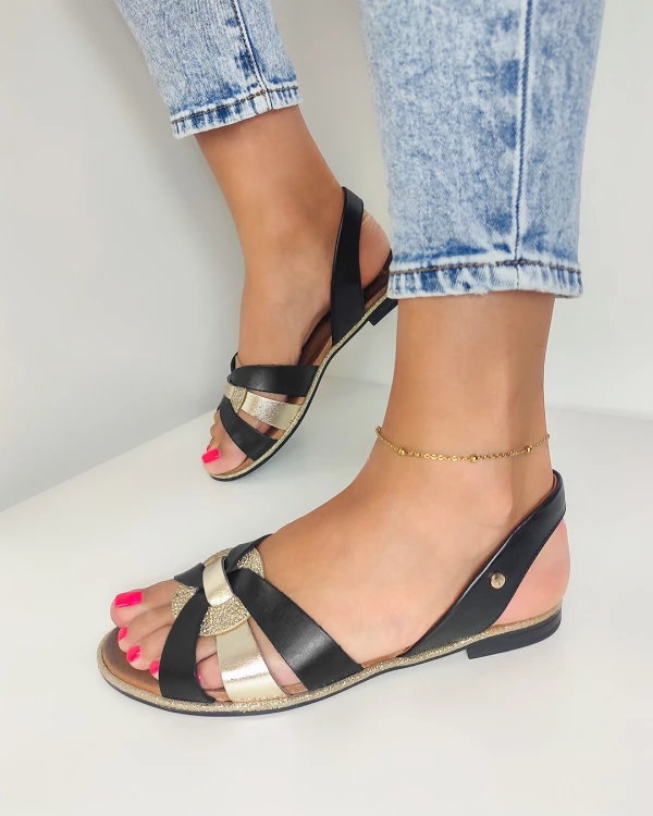 Czarno-złote sandały damskie skórzane