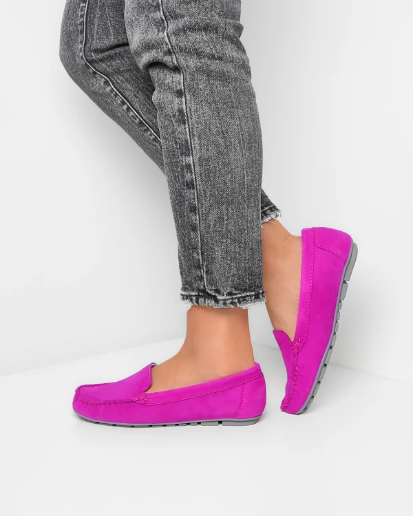 Fuksjowe mokasyny damskie z naturalnej skóry zamszowej