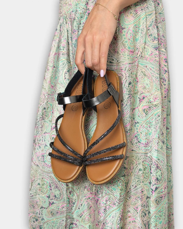 Grafitowe sandały damskie skórzane z cyrkoniami