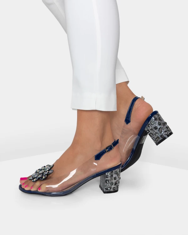 Granatowe sandały damskie żelowe z kamieniami na słupku