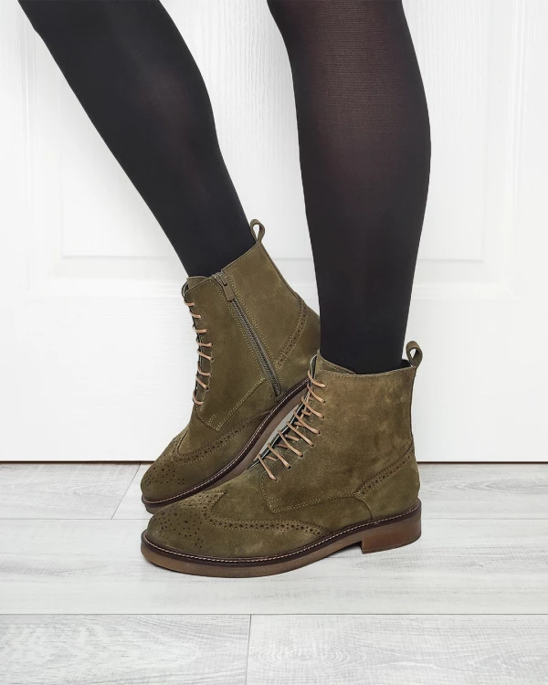 Oliwkowe trzewiki damskie welurowe