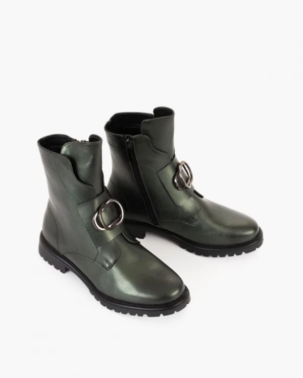 Zielone botki damskie ze skóry ekologicznej na niskim obcasie 5