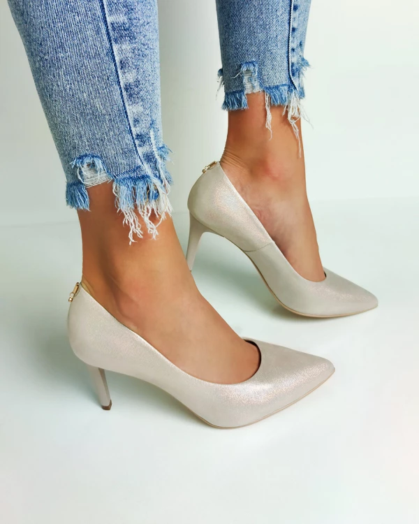 Srebrne czółenka nubukowe z brokatem