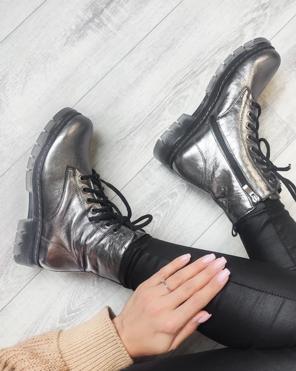 Srebrne trzewiki damskie skórzane