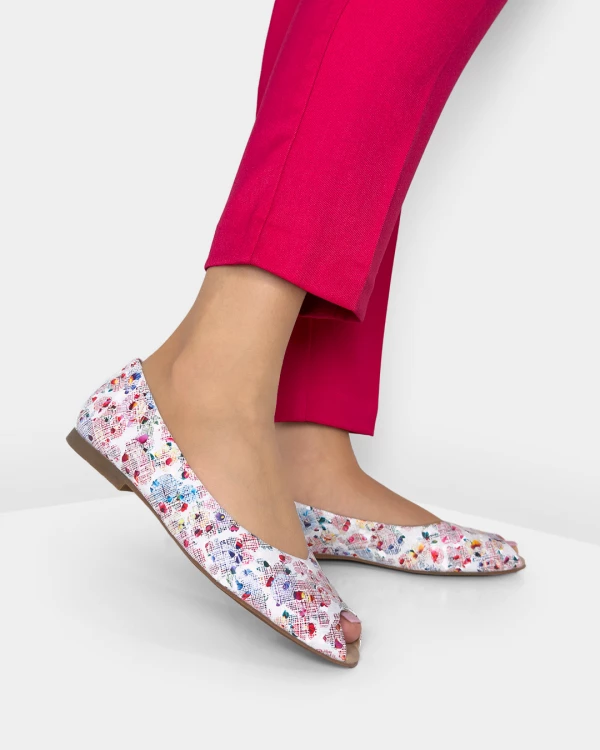 Wielokolorowe baleriny ażurowe ze skóry naturalnej peep toe