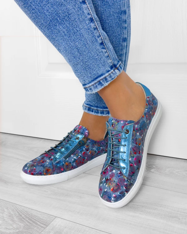 Wielokolorowe półbuty damskie skórzane z zamkiem