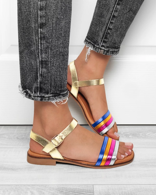 Wielokolorowe sandały damskie skórzane na niskim obcasie
